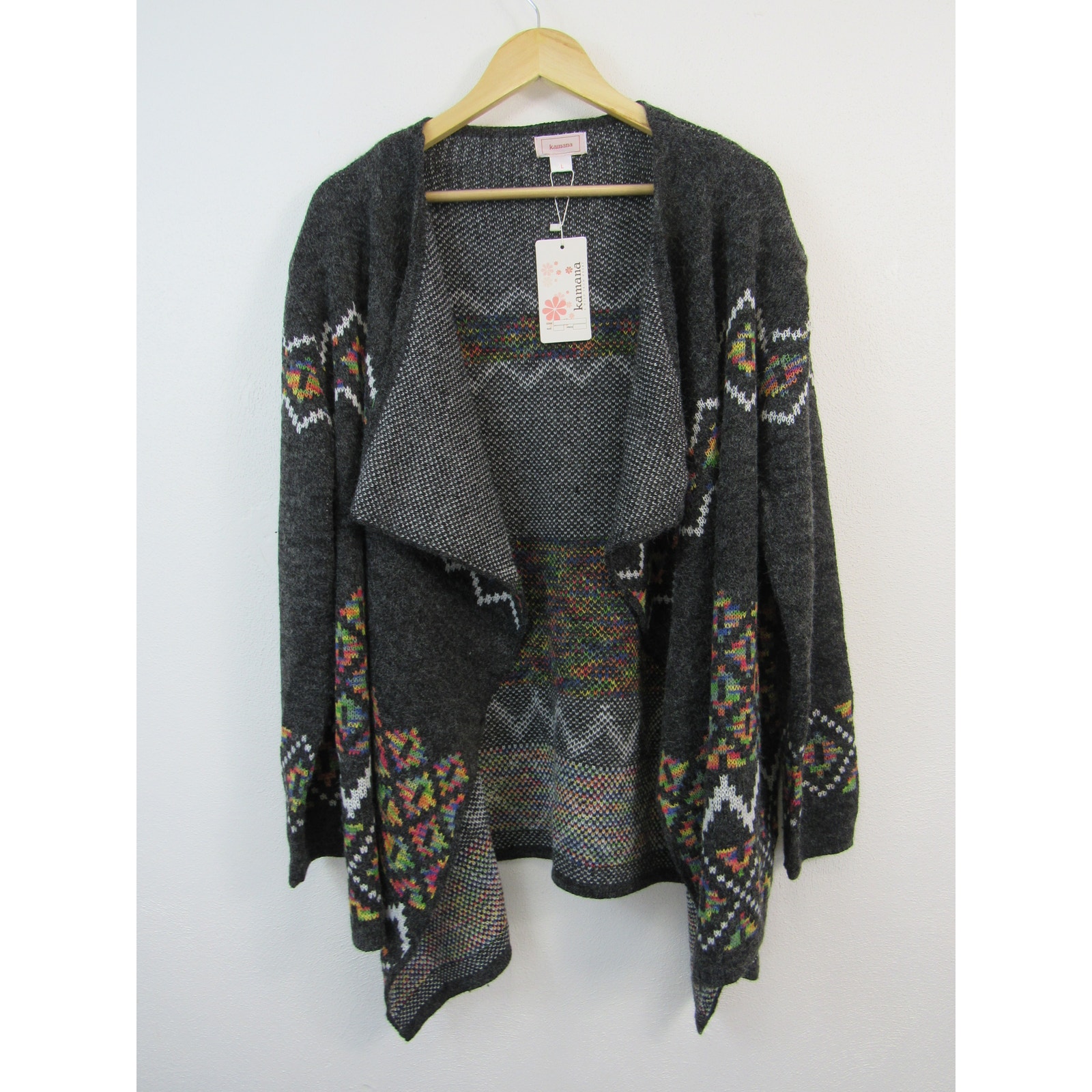 Nwt Kamana Large Dark Gray Geometric Patterned Open Front Sweater Cardigan